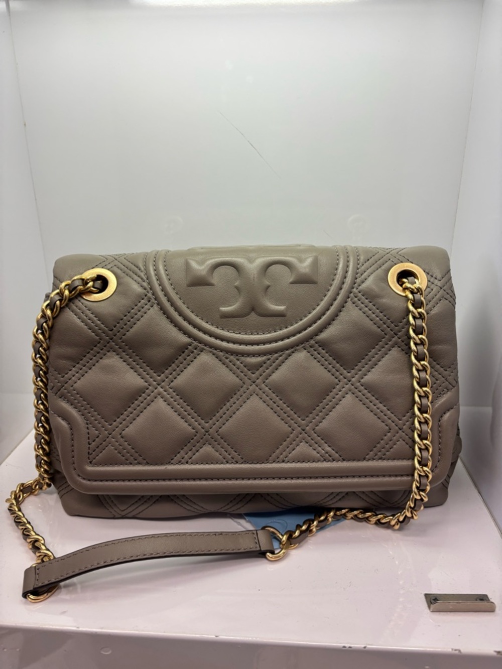 Tory Burch ‘Fleming’ Quilted Leather Shoulder Bag - Taupe with Gold Chain